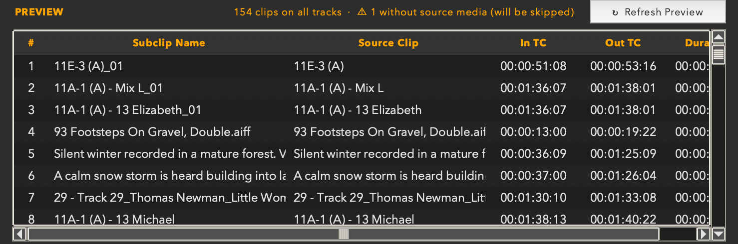 Clipper preview table listing subclip names, source clips, and source in/out timecodes