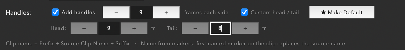 Handles row with Custom head/tail enabled — Head: 9 frames, Tail: 8 frames