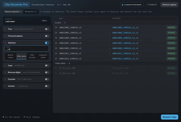 Clip Renamer Pro after applying a rename: each clip marked Renamed