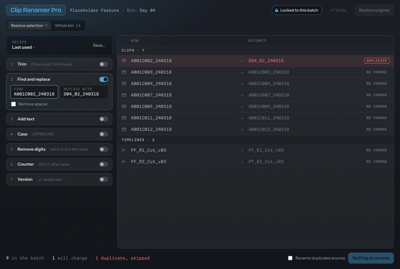 Clip Renamer Pro with one clip flagged as a duplicate and skipped