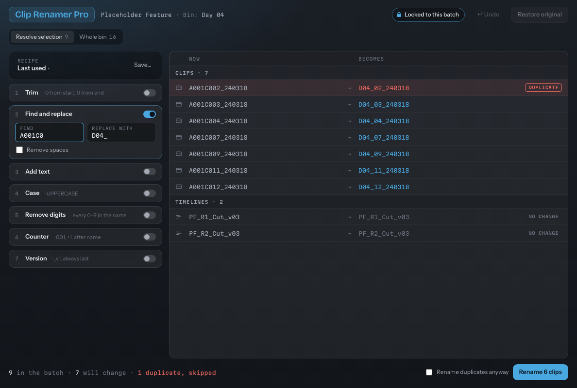 Clip Renamer Pro: a find and replace step with the old and new names side by side