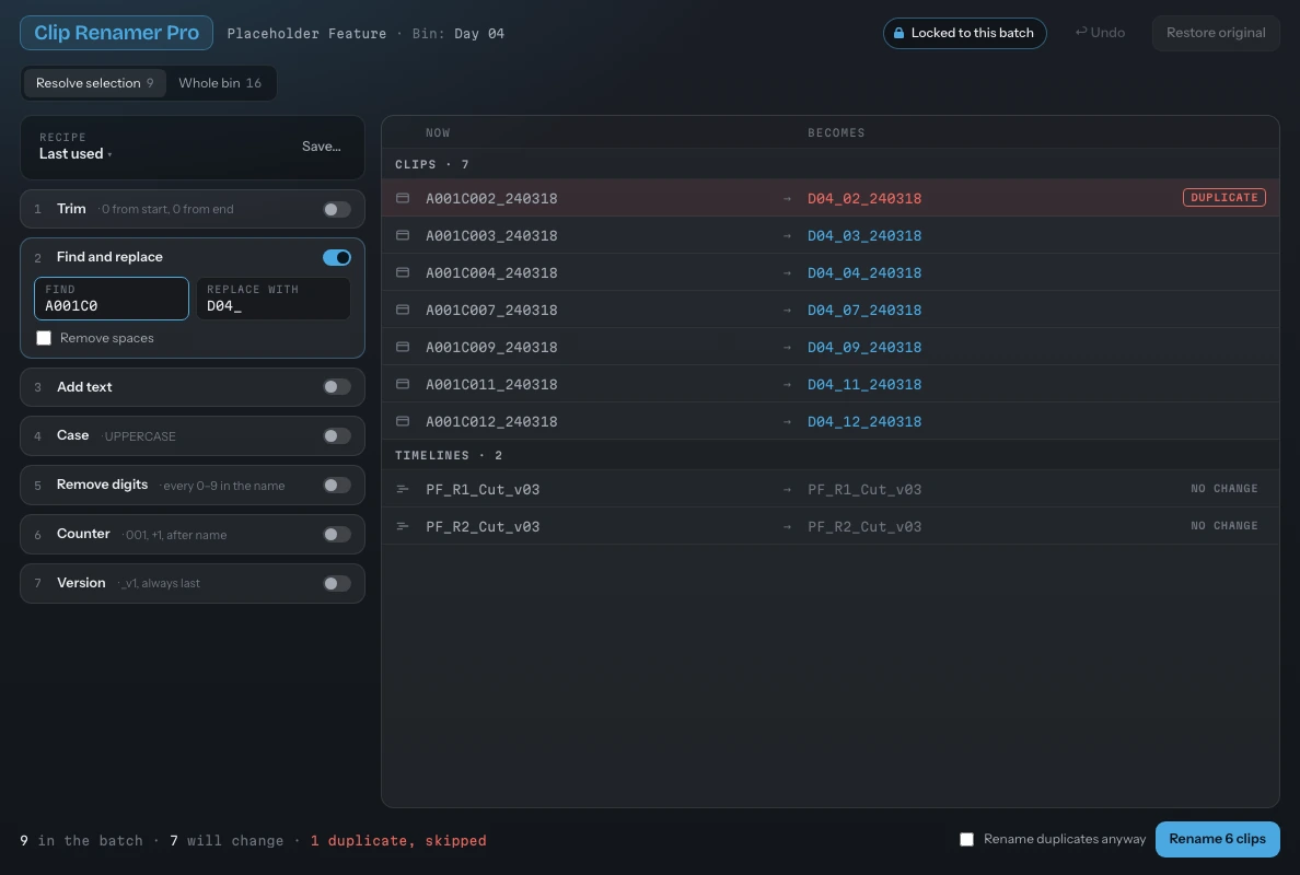 Clip Renamer Pro: a find and replace step with the old and new names side by side