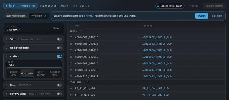 Clip Renamer Pro with an Add text step open and the new names previewed