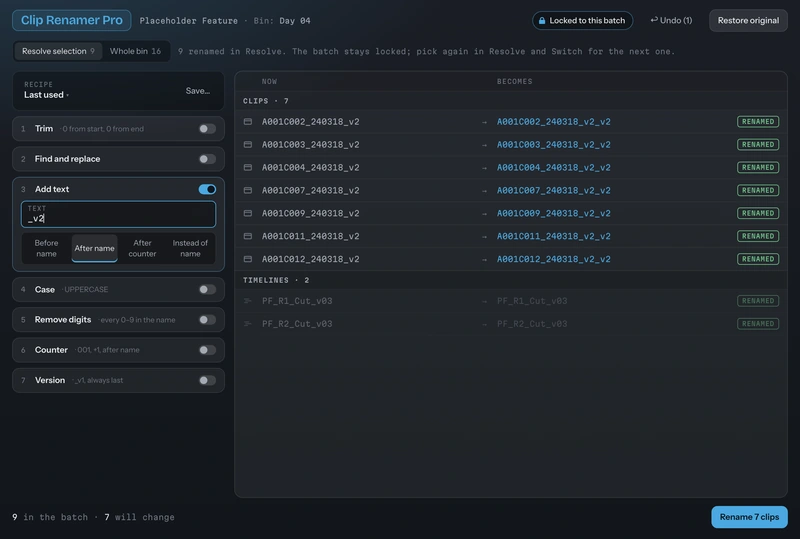 Clip Renamer Pro after a rename with every clip marked Renamed