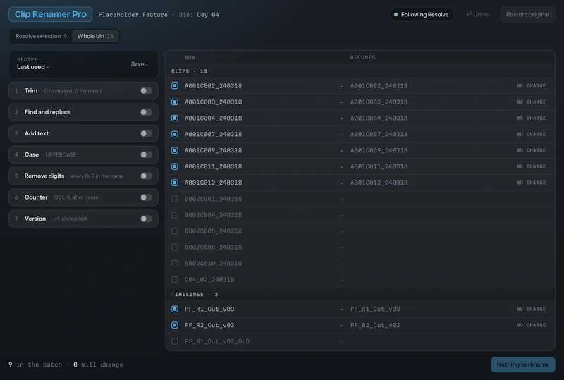 Clip Renamer Pro in whole-bin mode with ticks beside the clips and timelines