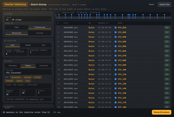 Batch Stamp: 24 clips on V1 each getting a numbered marker on the timeline ruler