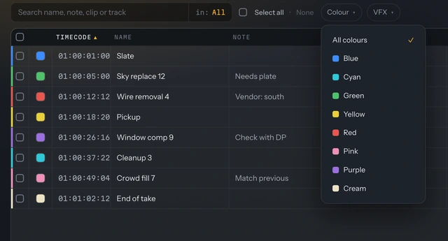 The Colour filter menu listing only the eight colours used by one clip's markers