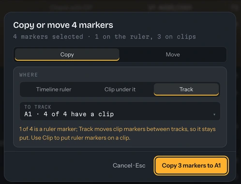 The Copy or move card set to copy four markers to track A1