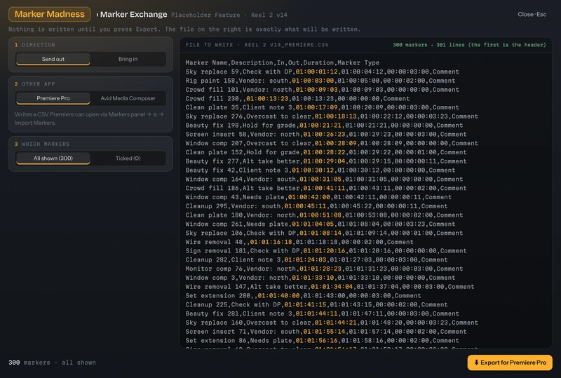 The Marker Exchange workspace previewing a Premiere Pro CSV