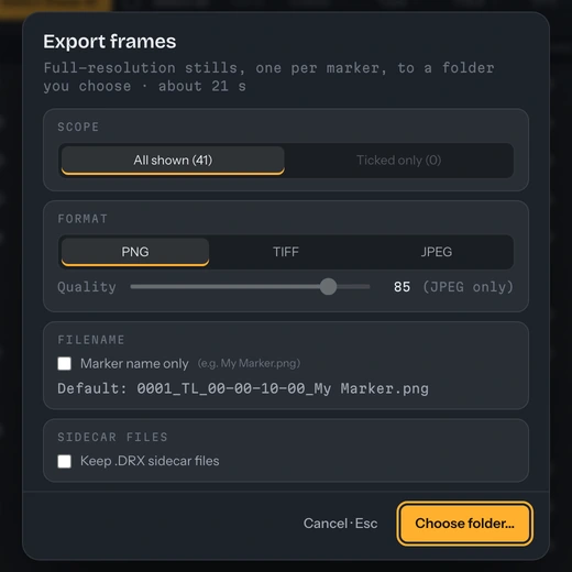The Export frames card with PNG, TIFF and JPEG choices