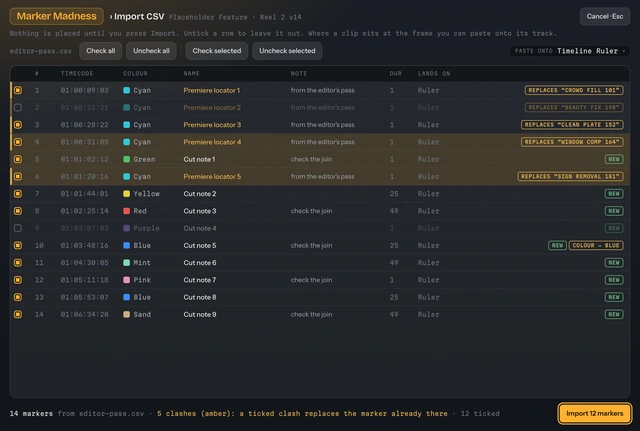 The Import CSV preview listing each marker and what it replaces