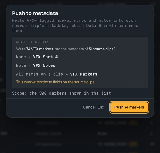 The Push to metadata card listing the fields it writes