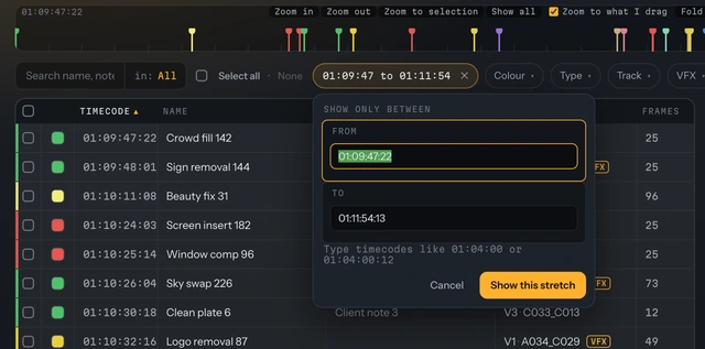 The range chip open with from and to timecode fields