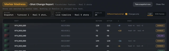 The Shot Change Report with 24-frame handles and no red heads or tails