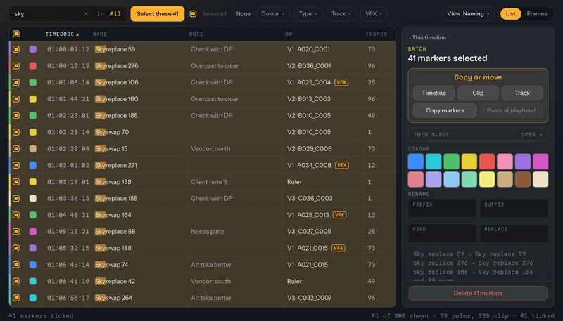 Marker Madness with a search for sky highlighted in the list and 41 markers selected
