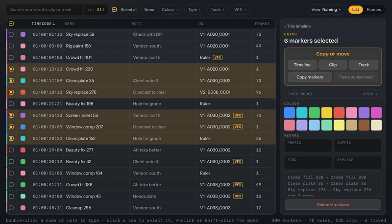 Marker Madness with six markers selected and the batch Inspector showing