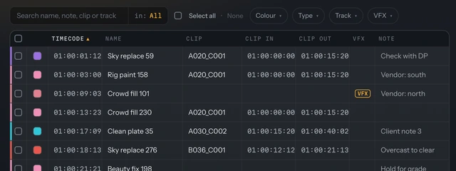 The VFX turnover view with clip in and clip out columns