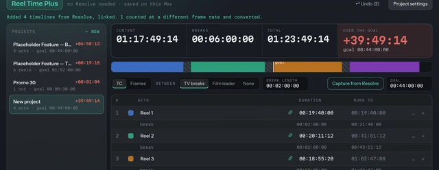 Reel Time Plus after capturing four timelines