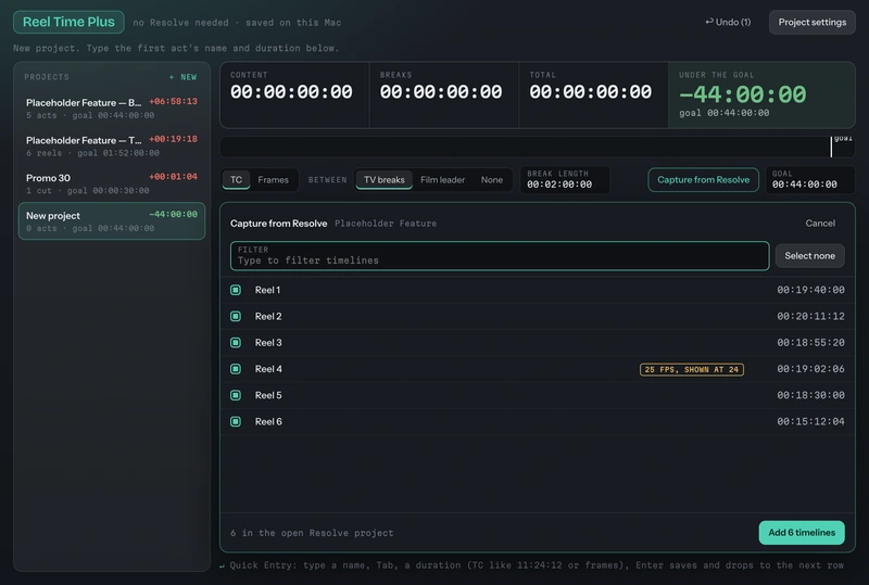 Reel Time Plus capture panel listing six timelines with a tick box each