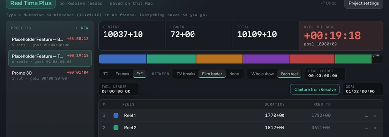 Reel Time Plus with durations and totals shown in feet and frames