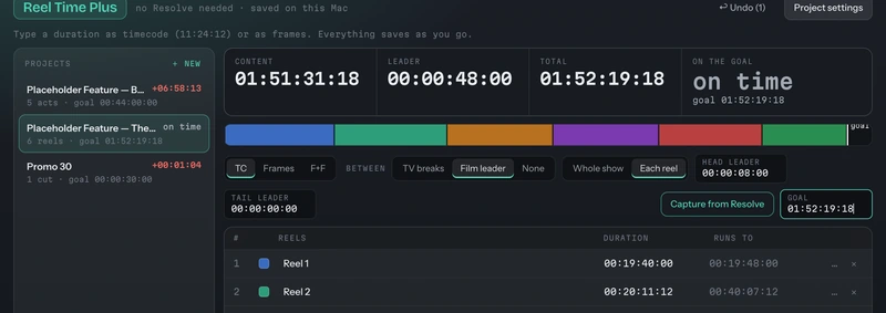 Reel Time Plus showing a total that matches the goal and the words on time