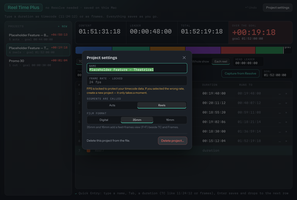 Reel Time Plus project settings: frame rate, acts or reels, film format