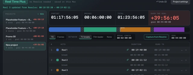 Reel Time Plus noting that a linked segment was updated from Resolve