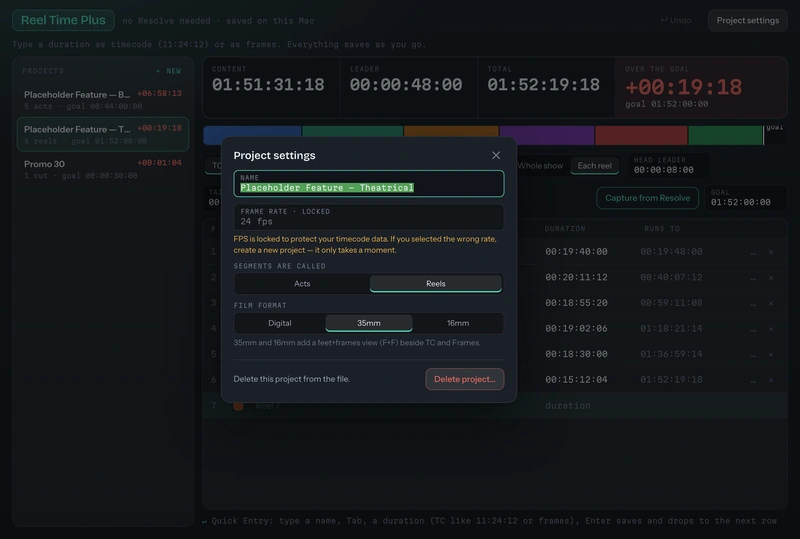 Reel Time Plus project settings with frame rate, Acts or Reels, and film format