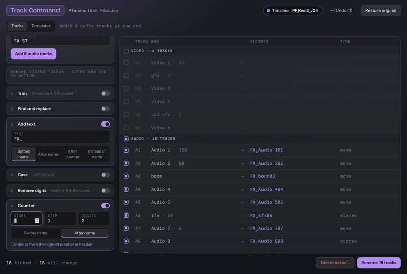 Track Command with an Add text and Counter step previewed on the audio tracks
