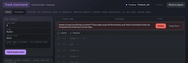Track Command asking to confirm deleting two tracks and 18 clips