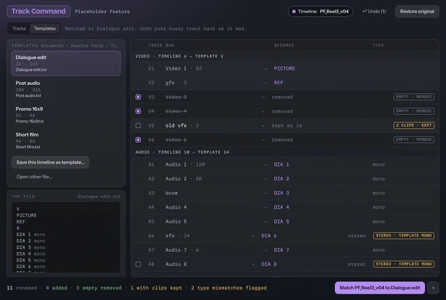 Track Command after matching to the Dialogue edit template