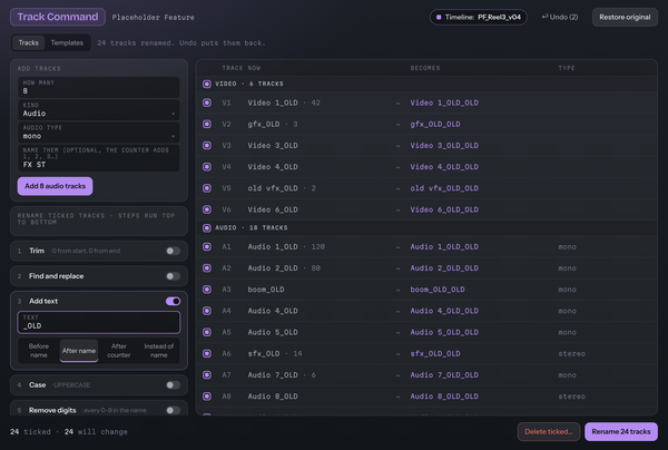 Track Command after renaming 24 tracks, with Undo available