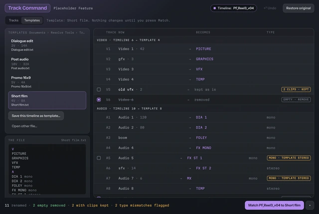 Track Command matching a timeline to the Short film template with kept tracks flagged