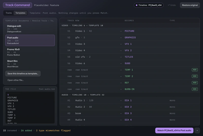 Track Command matching a timeline to the Post audio template