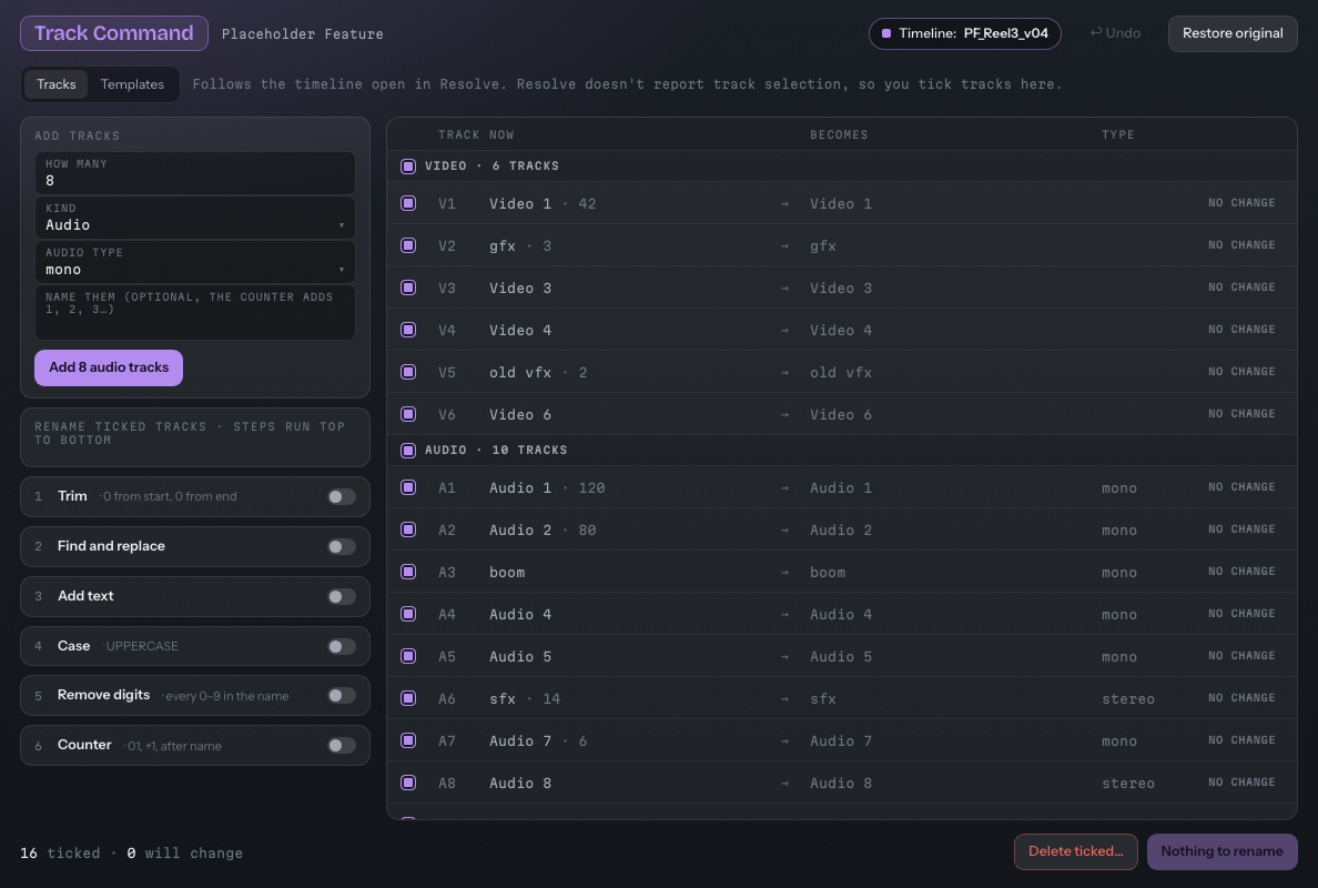 Track Command: the video and audio tracks of a timeline, with add-tracks and rename steps on the left