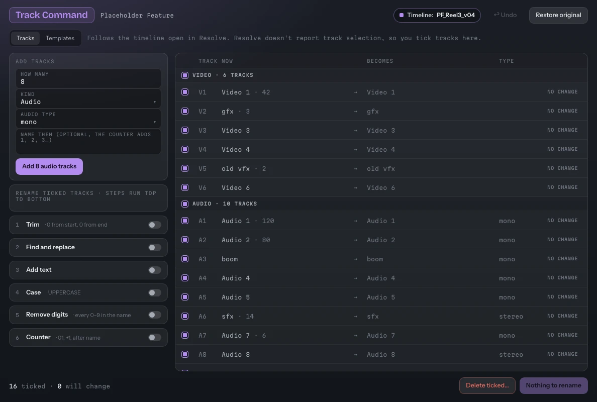 Track Command: the video and audio tracks of a timeline, with add-tracks and rename steps on the left