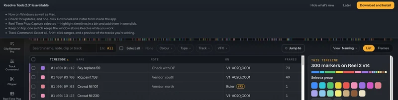 The Resolve Tools update bar saying 2.0.1 is available, with the list of what's new and a Download and Install button