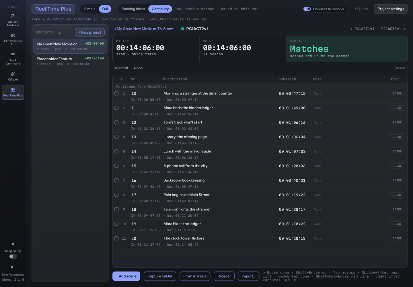 Reel Time Plus showing Act 2 of a placeholder show: eleven scenes, each with a scene number, description, duration and its In and Out timecodes, and a variance card reading Matches