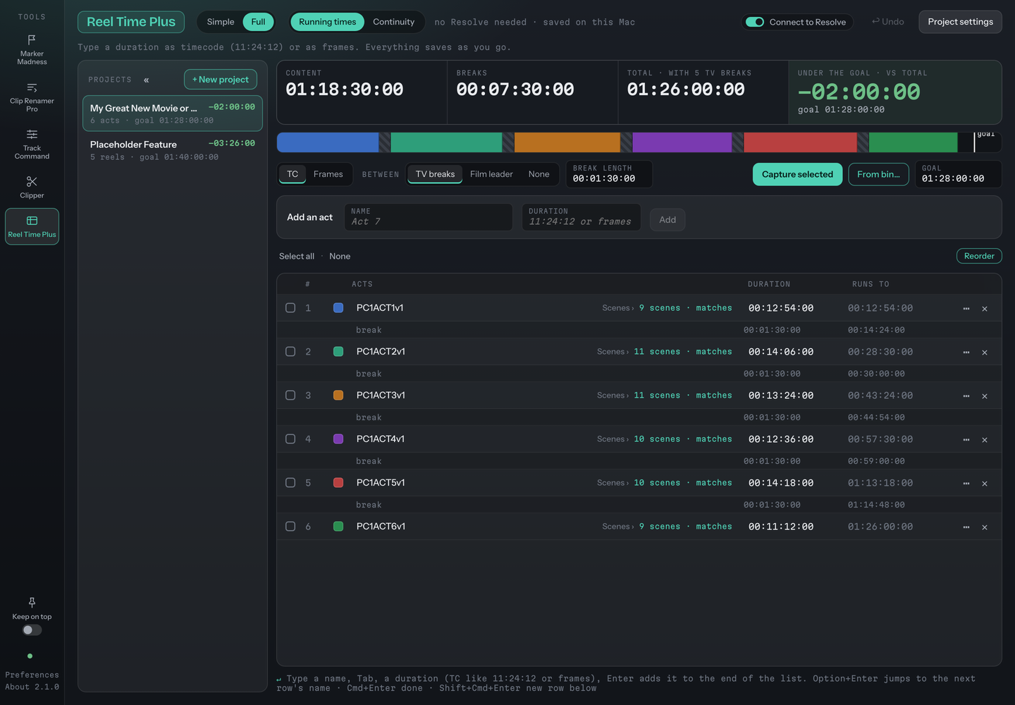 Reel Time Plus Running times view of a six act show with an act balance bar and TV breaks