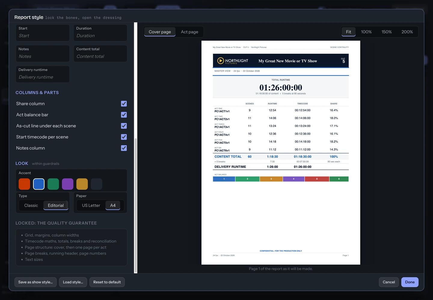 The Report style panel scrolled to Columns and parts and Look: five switches, six accent colours, Classic or Editorial type and Letter or A4 paper, beside the cover preview