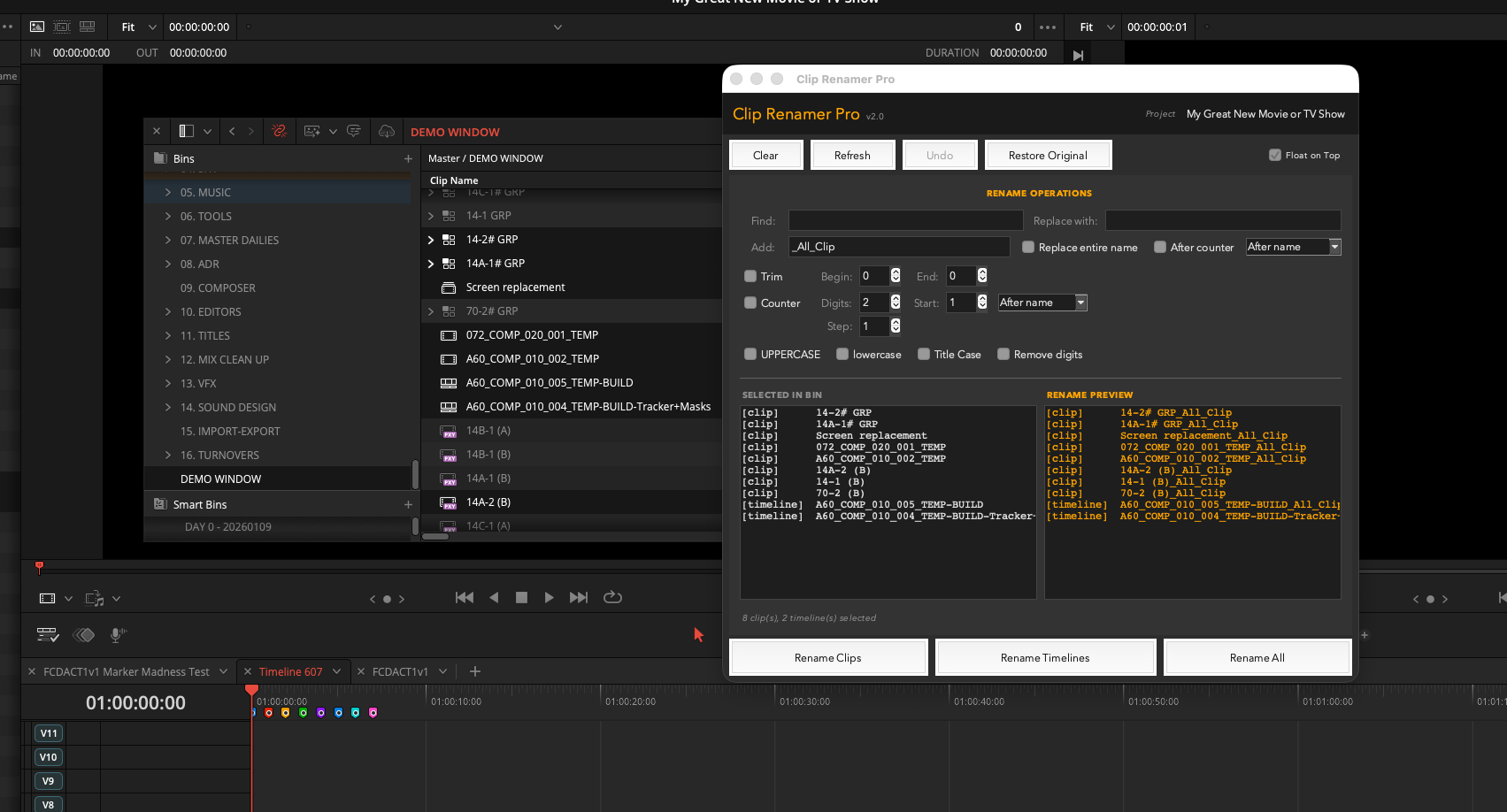 Clip Renamer Pro floating above DaVinci Resolve