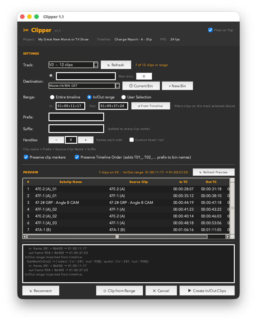 Clipper main window showing track selector and clip preview