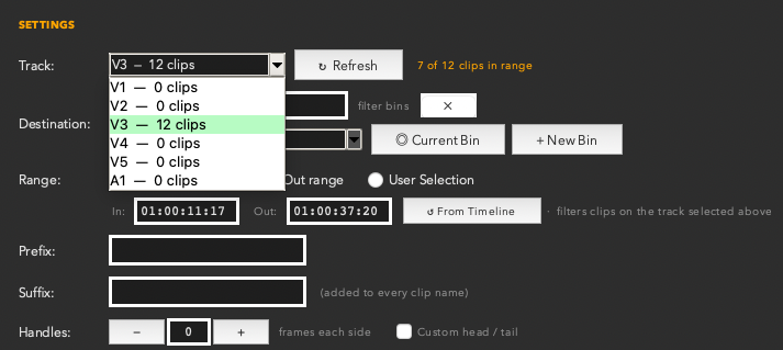 Clipper track dropdown open, listing every video and audio track with its clip count