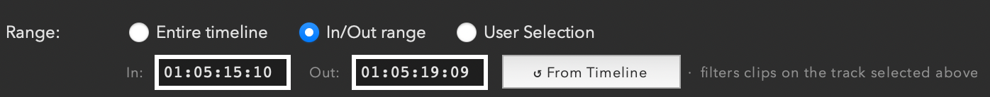 Range controls — Entire timeline, In/Out range, and User Selection with In/Out active and timecodes set