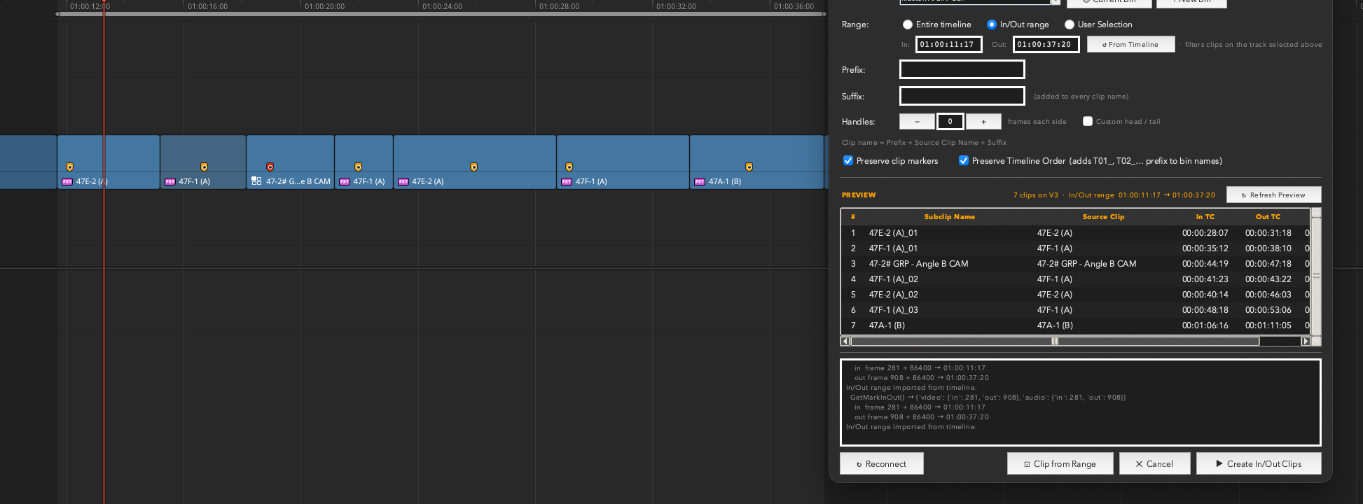 Clipper floating alongside the DaVinci Resolve timeline with In/Out range active