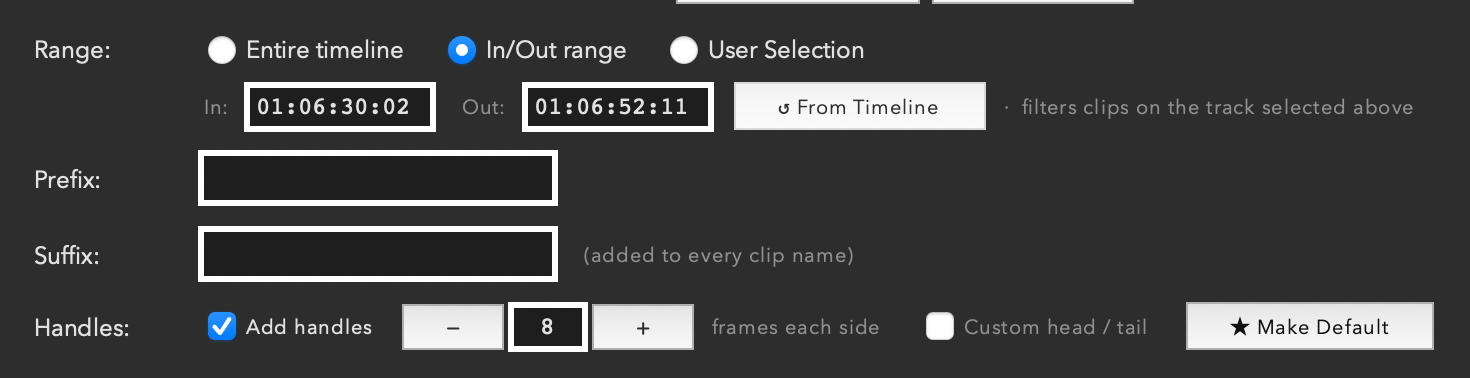 Prefix and Suffix fields with the Range row above and the Handles row below