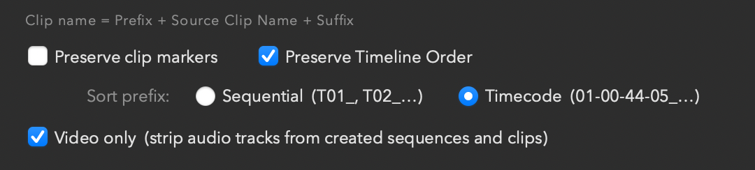 Prefix, Suffix, Handles, and option checkboxes — Preserve clip markers and Preserve Timeline Order