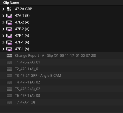 Media Pool bin showing the assembled range sequence and ordered subclips