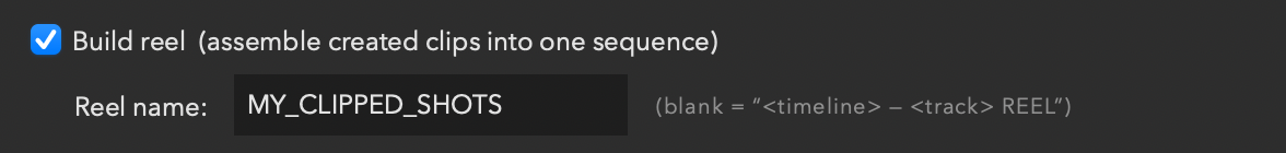 Build reel checked with a custom name typed into the Reel name field