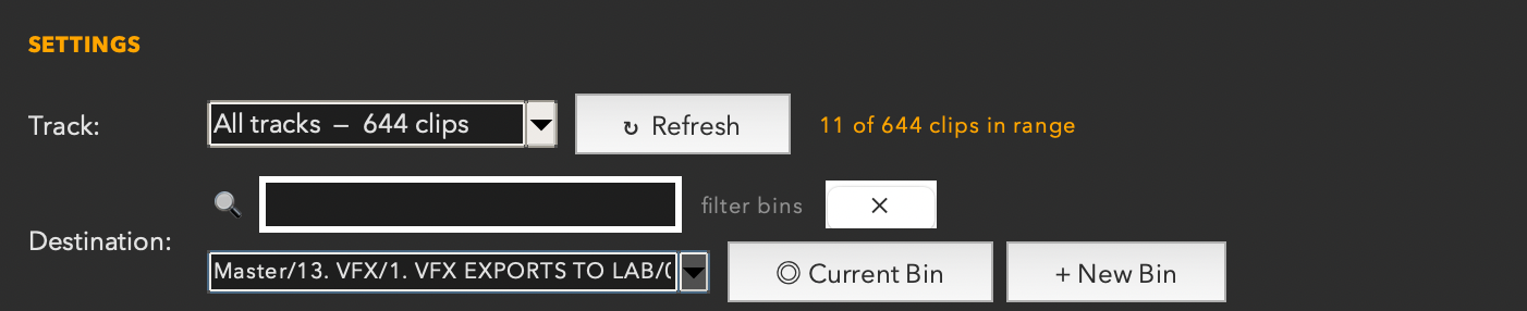 Track and Destination rows — bin dropdown showing the full folder path, with Current Bin and New Bin